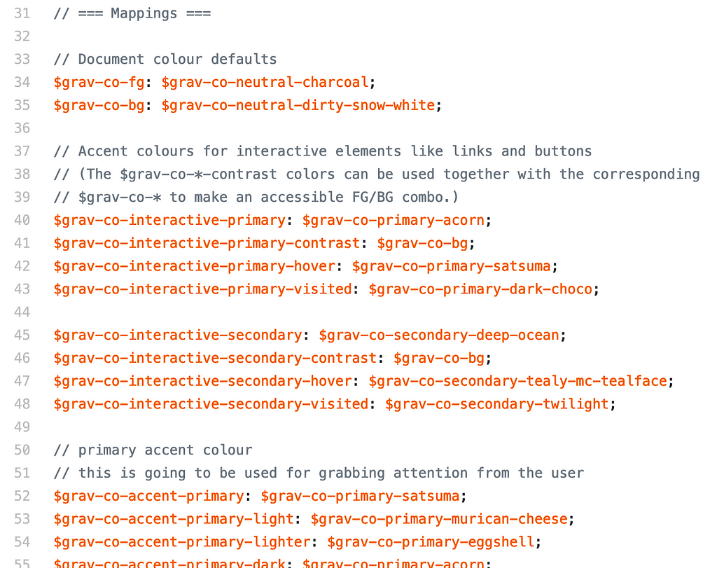 Screenshot of SASS code, showing a number of colour purpose variables being assigned colour values.