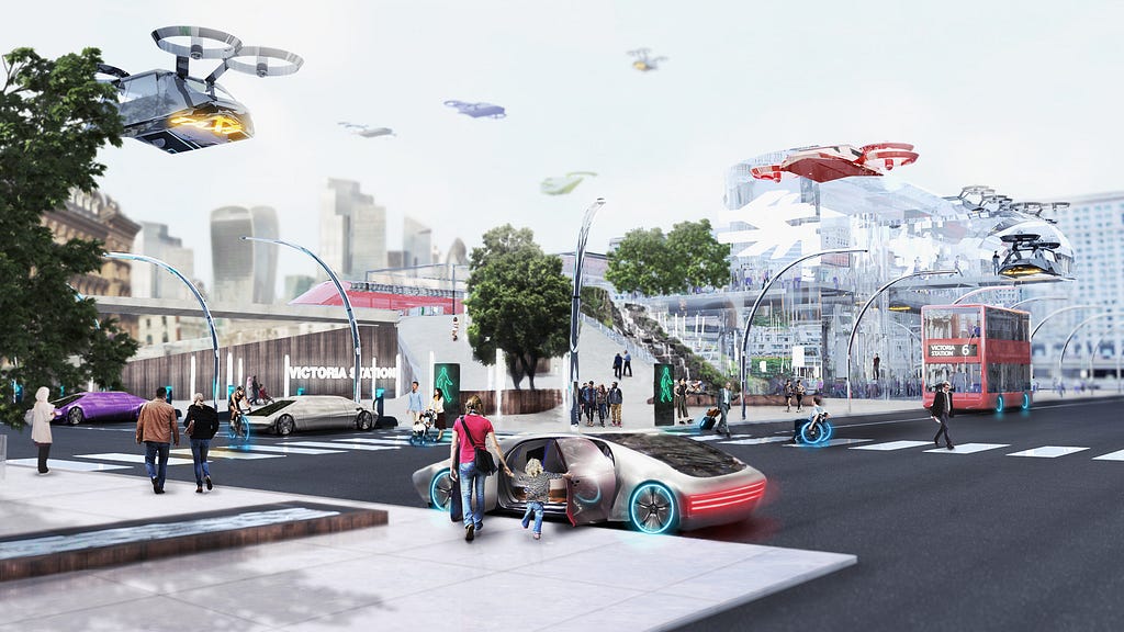 A city scape in the future showing different methods of electrically powered transport working together to produce better transport links for people, goods and services. Electric cars, bikes and buses travel on the roads whilst in the sky sustainably powered aircraft fly.