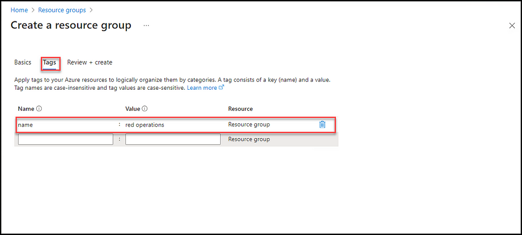 Figure 07 — shows the creation of a tag for the new resource group. r3d-buck3t, Azure Tags