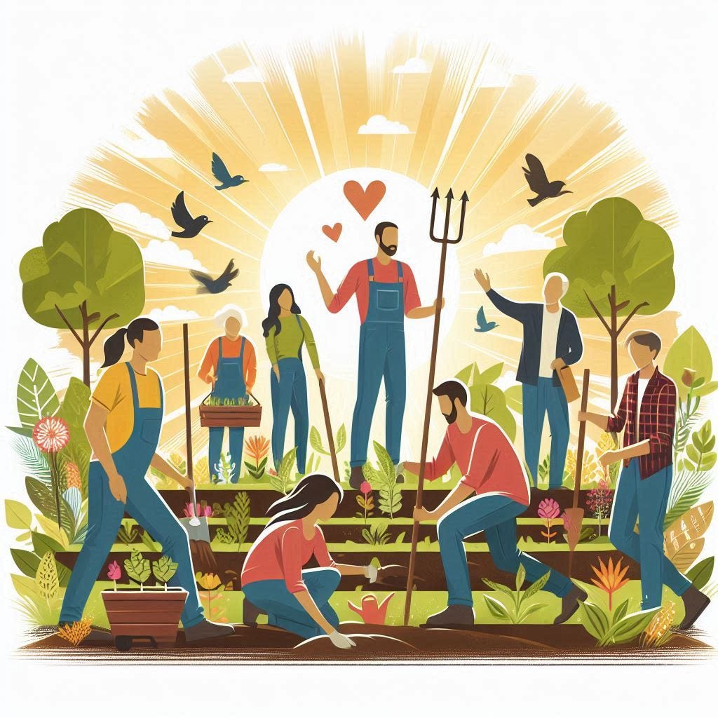 A group of people working together in a community garden, symbolizing the joy and purpose found in serving others.