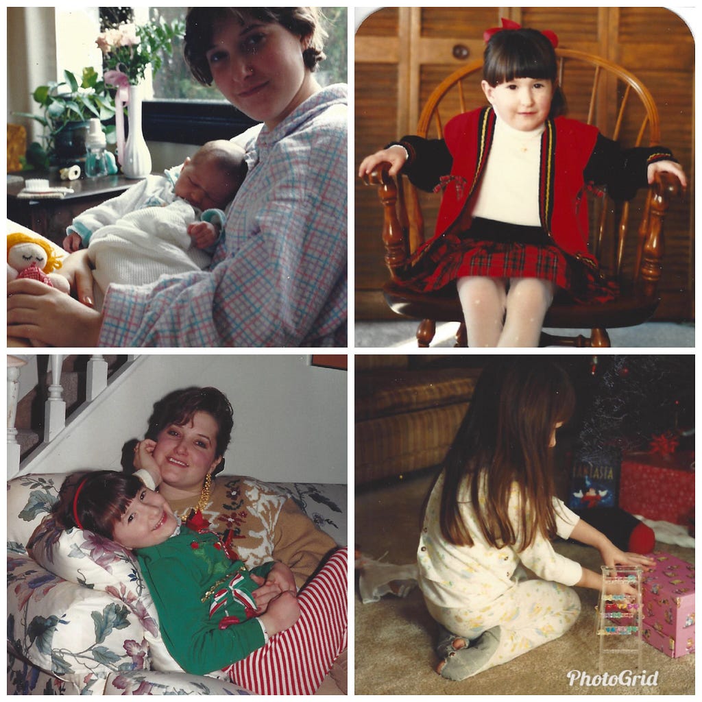 Clockwise: new mom, living with parents; Xmas outfit fr Grandma; Xmas presents I couldn’t buy, from Grandma; me & Sar-bear.