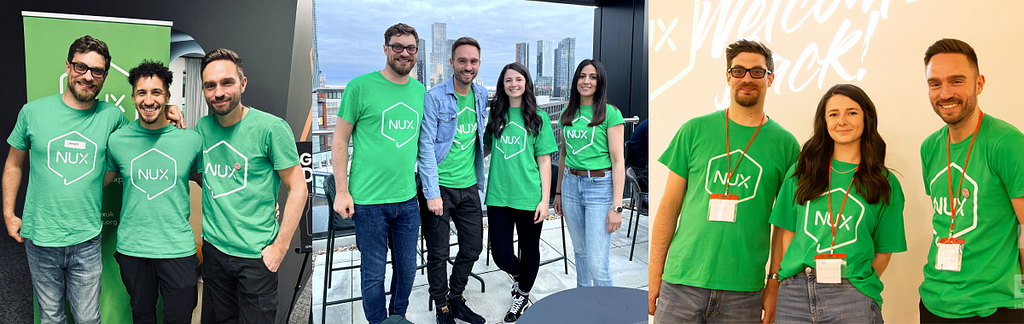 A selection of pictures showing the NUX Manchester facilitation team. Lee Jeffery, James Rand, Carrie Haworth, Nathan Ulett and Kully Patel all wearing NUX green t-shirts.