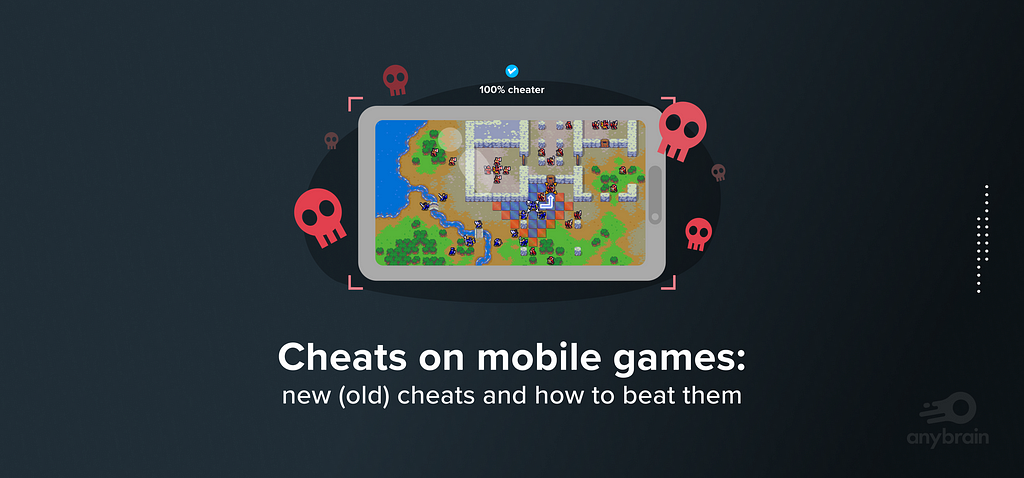 Cover image for the article. It shows a display of a mobile phone with a game and then it’s surrounded with red skulls that symbolyze cheats