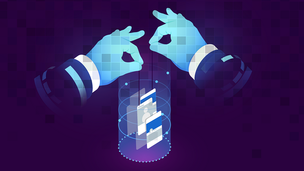 Digital illustration of pixelated hands manipulating digital profiles. Images by fullvector/Adobe Stock and Whale Design/Getty Images