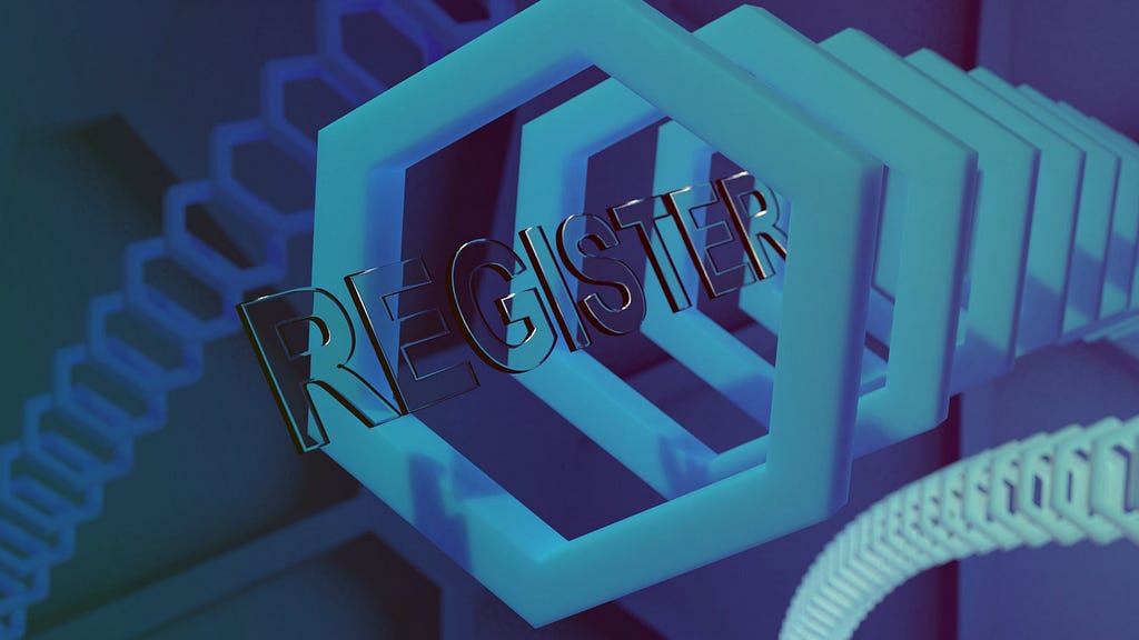 The word “Register” written in glass descends down a hexagonal tunnel