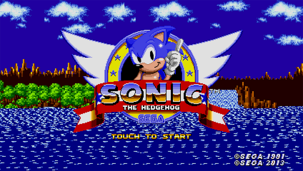 Ouriço Sonic apontando para cima com o texto na faixa “Sonic The Hedgehog”