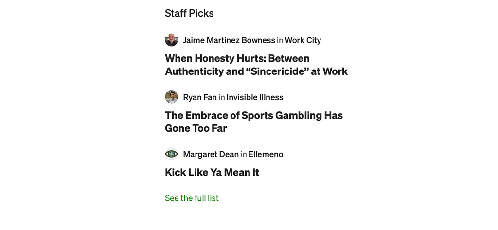 Screenshot of the “Staff Picks” section from the Medium homepage.