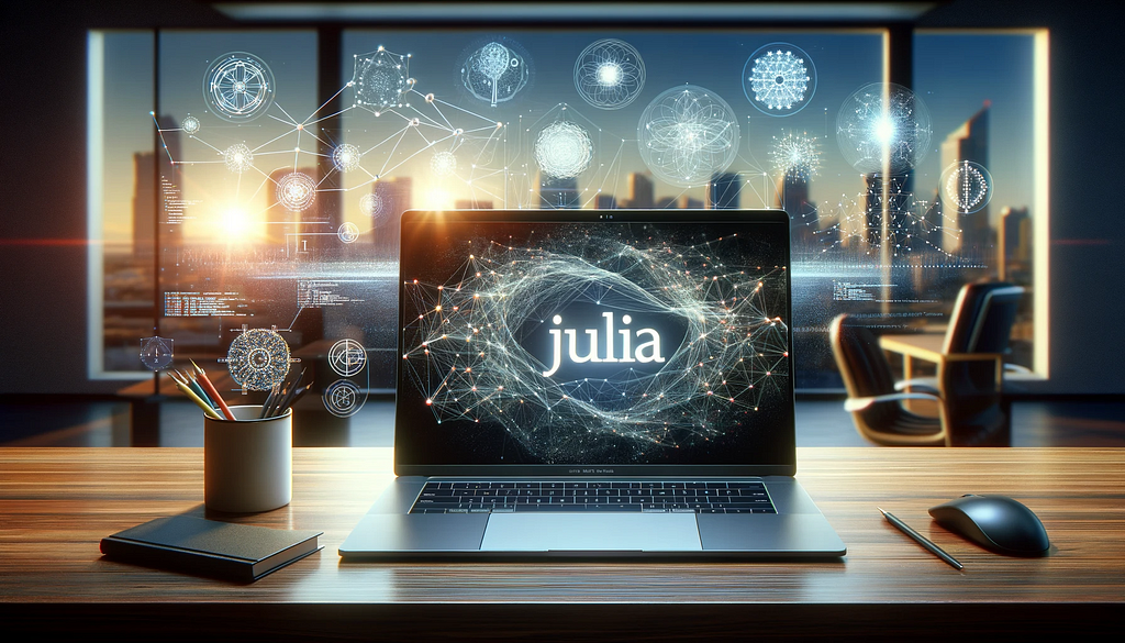 PC running Julia placed on wooden table creating future