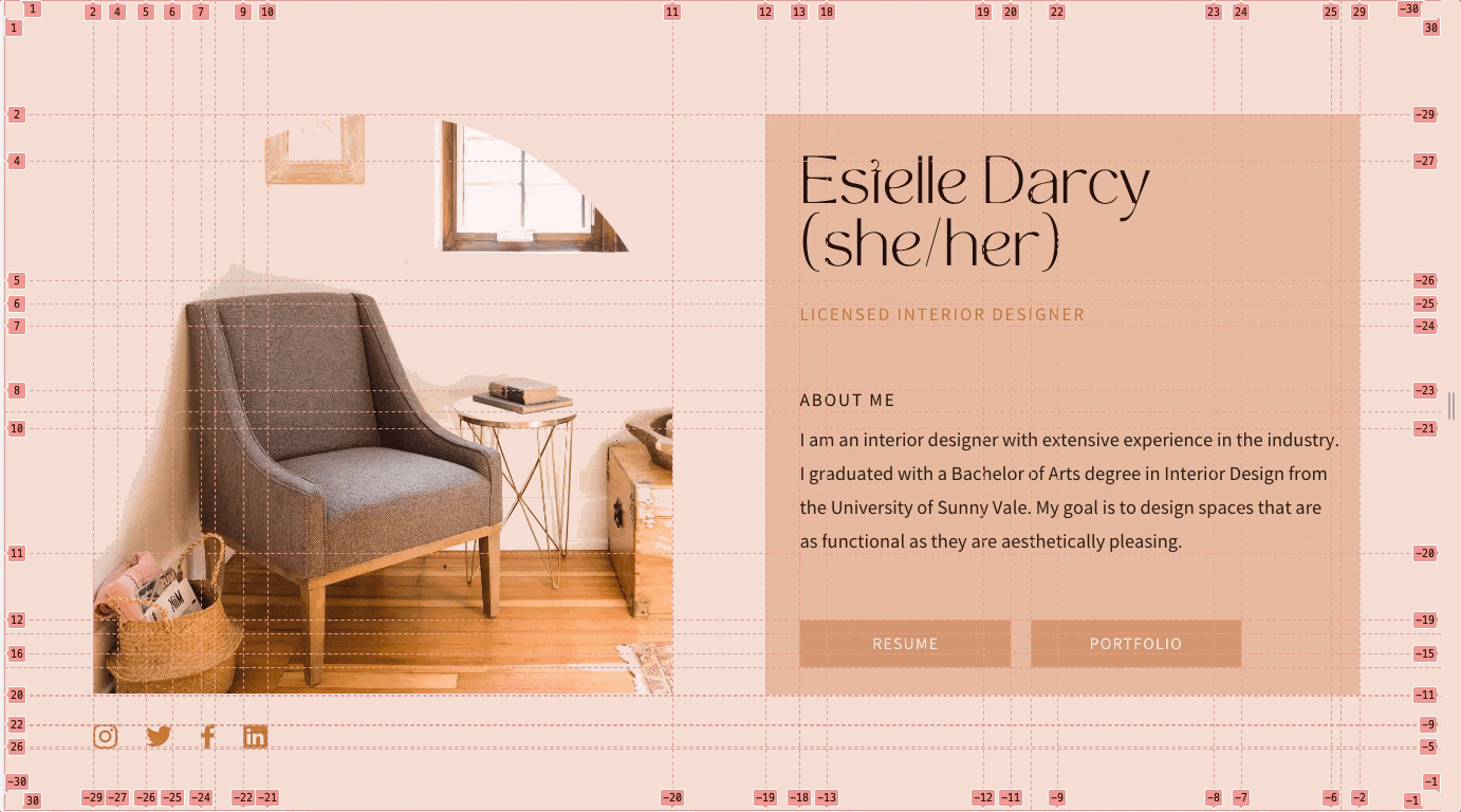 A beautiful Canva template featuring a sofa, coffee table with a book on it and wooden flooring in a well-lit apartment. The template is states “Estelle Darcy” with resume and portfolio buttons. max-content was used to help expand the rows. Elements no longer overlap and a responsive experience is achieved.