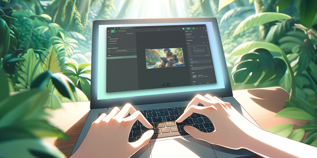 Figma dev mode displayed on a laptop in a jungle.