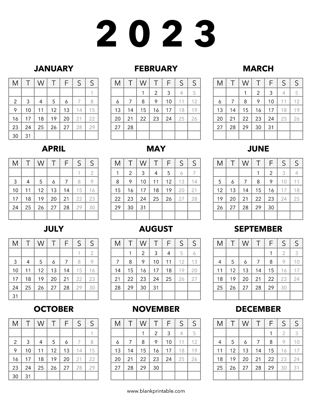 Printable 2023 Calendar Monday Start