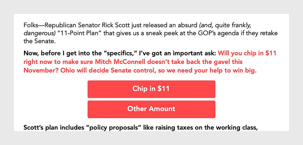 screenshot of email from Tim Ryan’s campaign asking for $11 to counter Rick Scott’s “11-point plan” for the GOP