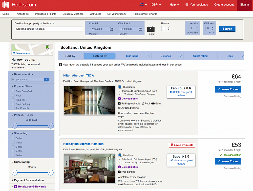 Screenshot of hotels.com search page results