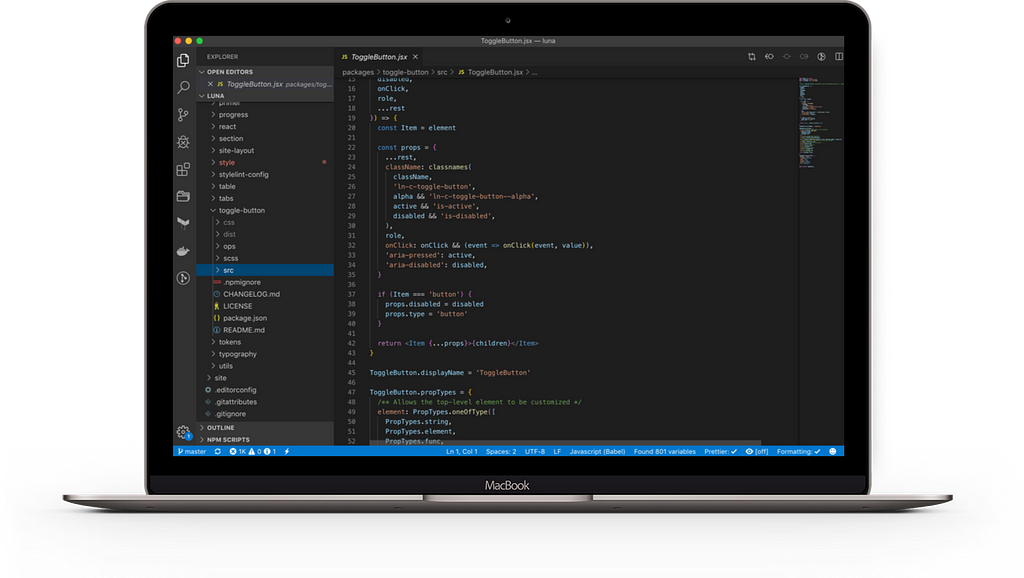 MacBook showing VSCode screenshot of the Luna Codebase