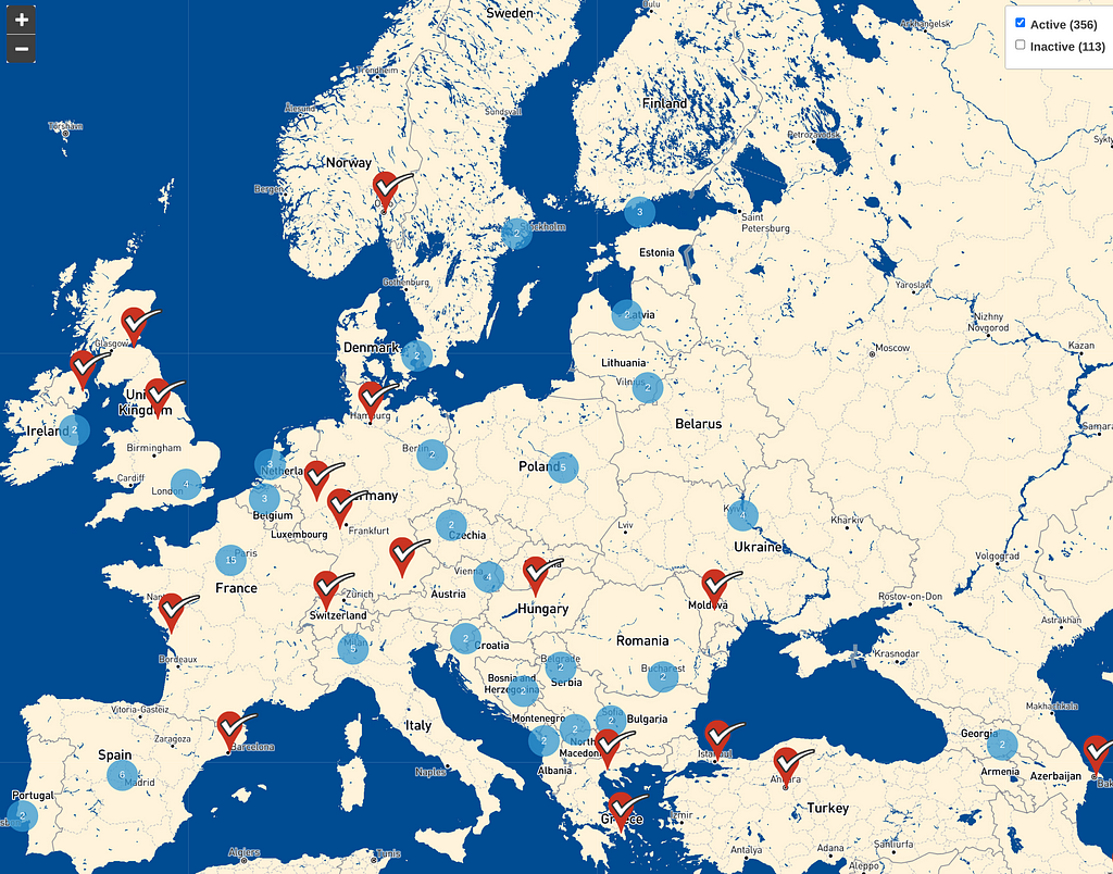 Harta Europei și site-uri de fact checking din Europa, iunie 2022, conform Duke Reporters’ Lab