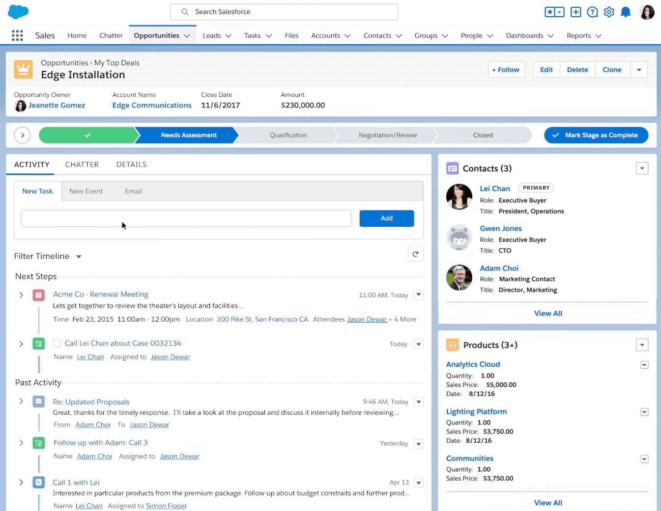 An animation of an opportunities page in Salesforce that demonstrates the motion aspects that occur when a user creates a new task. There’s green “success” bar that appears when new task is added.