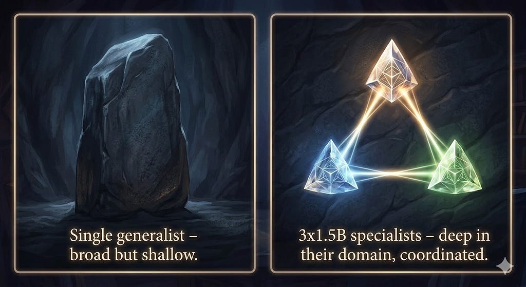 Monolith vs crystals Two approaches to organizing intelligence. A single generalist spreads capacity thin across all domains. Coordinated specialists go deep where it matters. Image generated with AI.