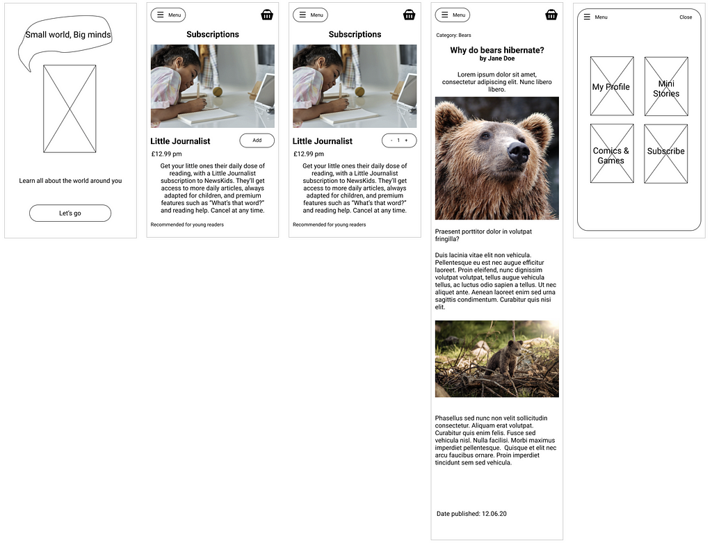low fidelity wireframe containing content given by the brief