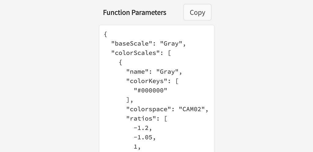 Output of function parameters for Leonardo javascript module. Copy button displayed above the output.