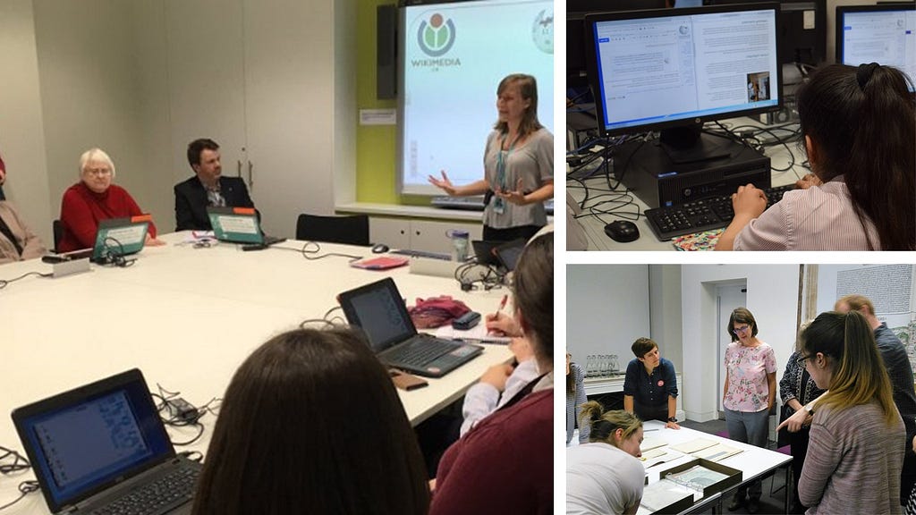 Three photographs of Wikipedia training sessions. The image on the left shows the author of this article standing in front of a projector screen speaking to a room of people sitting at desks with laptops in front of them. The top right image shows a school student sitting at a computer screen and keyboard editing Wikipedia. The bottom right image was taken at a history of medicine event and shows people around tables looking at documents in archive folders to inspire their editing.