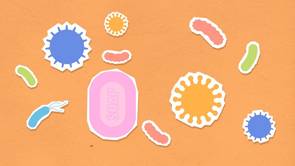 Illustration of germs on a surface with a bar of soap