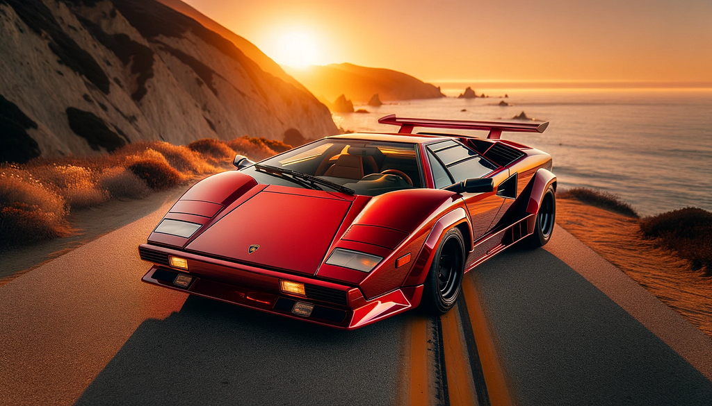 Lamborghini Countach on a seaside road with a setting sun in the background