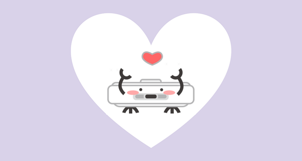 A cartoon Narwal robot holding a heart up in a white heart on a light purple background