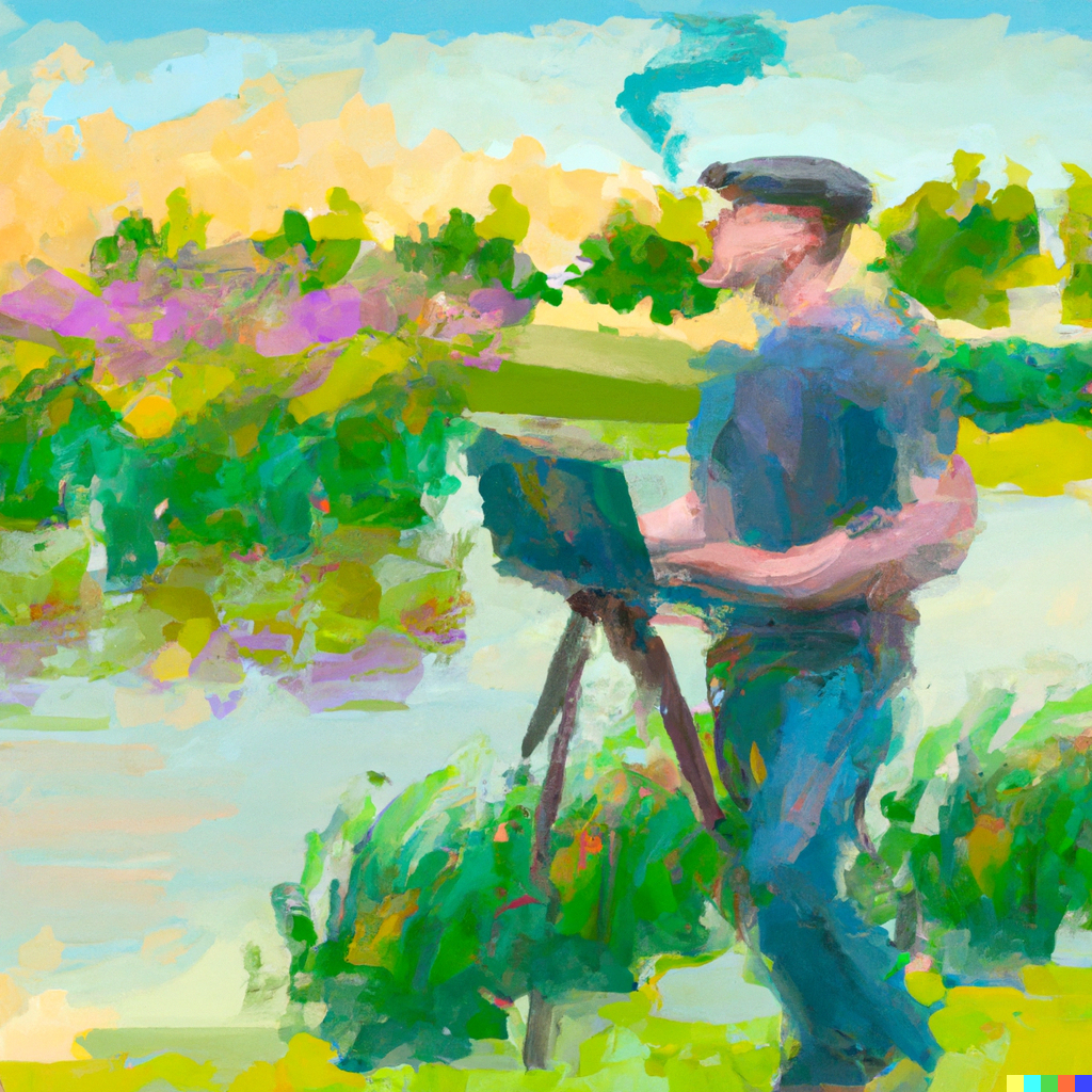 Developer with laptop. Monet style. AI generated