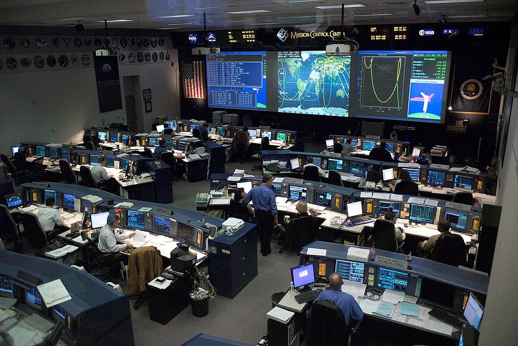 This overall view of the Shuttle (White) Flight Control Room (WFCR) in Johnson Space Center’s Mission Control Center.