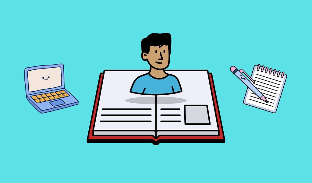 A man’s torso coming out of the pages of a book with a laptop on the left and pen and paper on the right.
