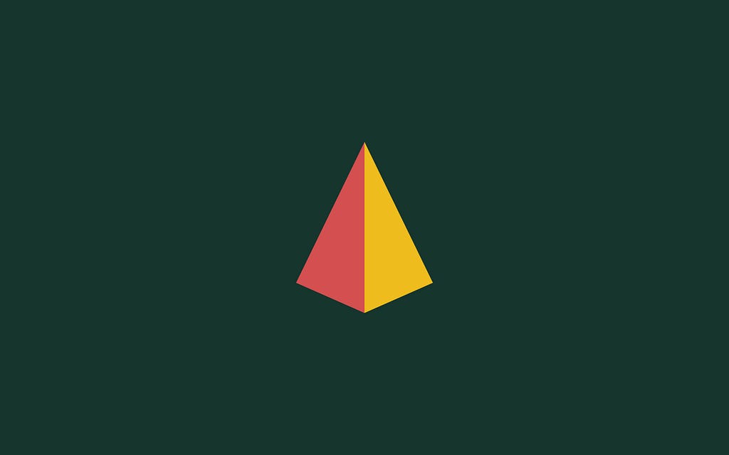 An abstract, geometric triangle in red, yellow, and dark green.