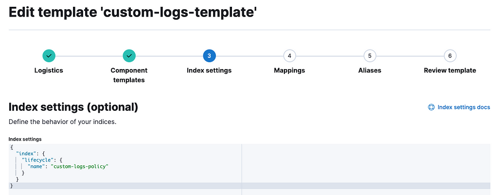 Screen capture of the index template edit screen, “Index Settings” tab