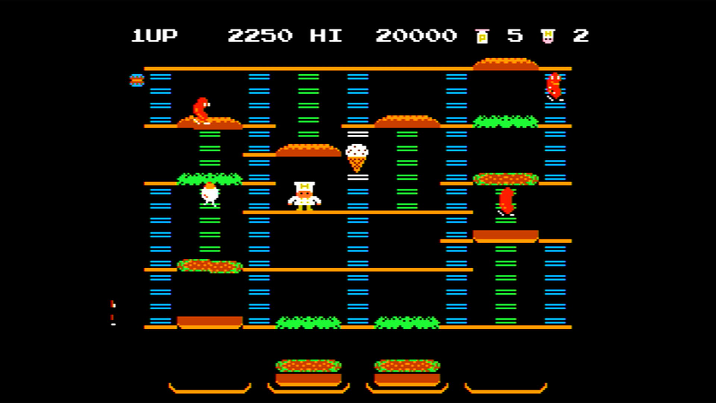 BurgerTime on the NES. The player’s remaining Pepper count is displayed besides a pepper icon.