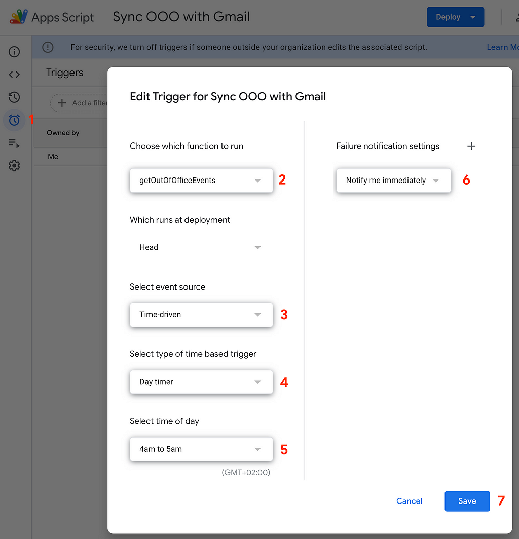 Setting up the time-driven trigger in the Apps Script IDE