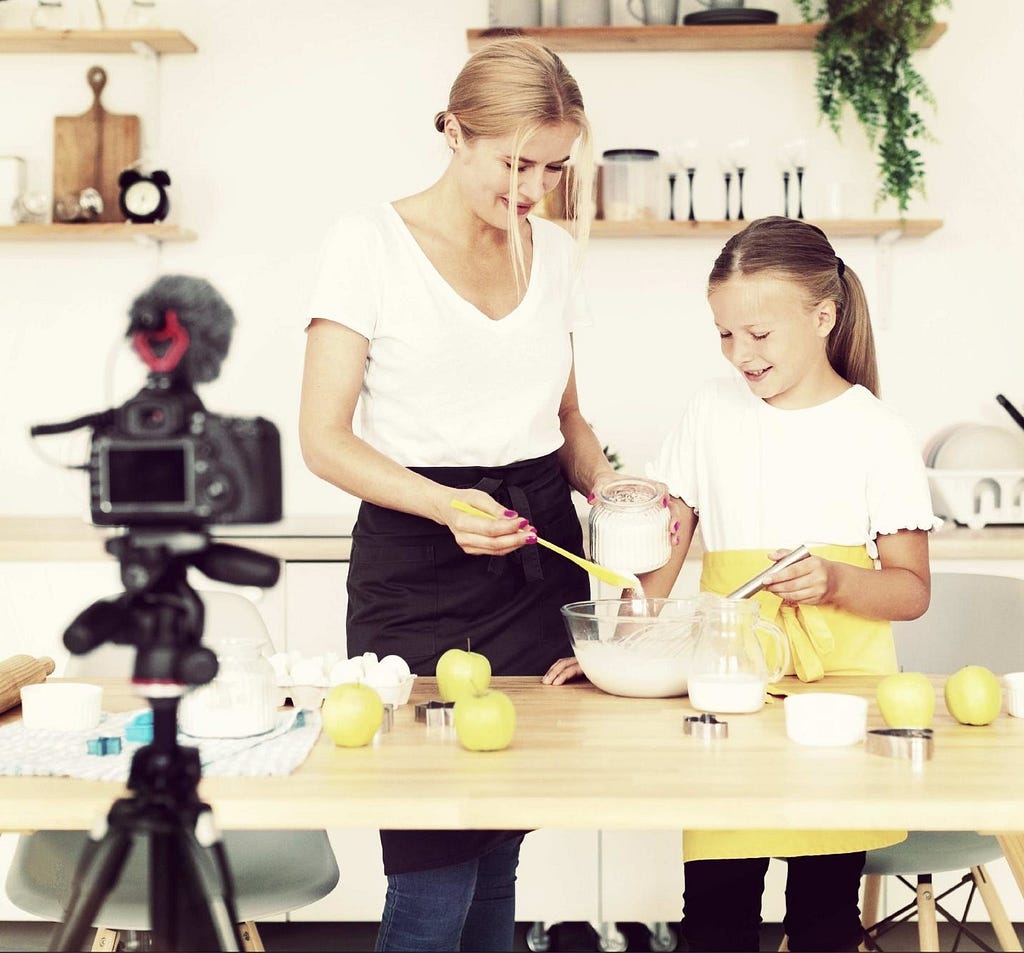 Mother and daughter making cooking video