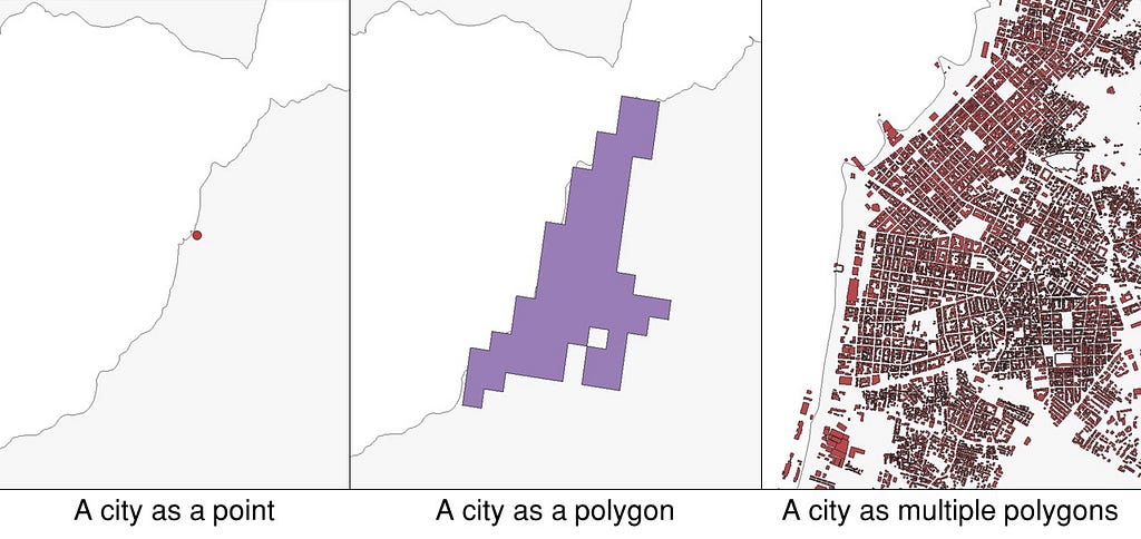 A city is captured in various ways (a point, a polygon, and multiple polygons) for different scales of analysis.