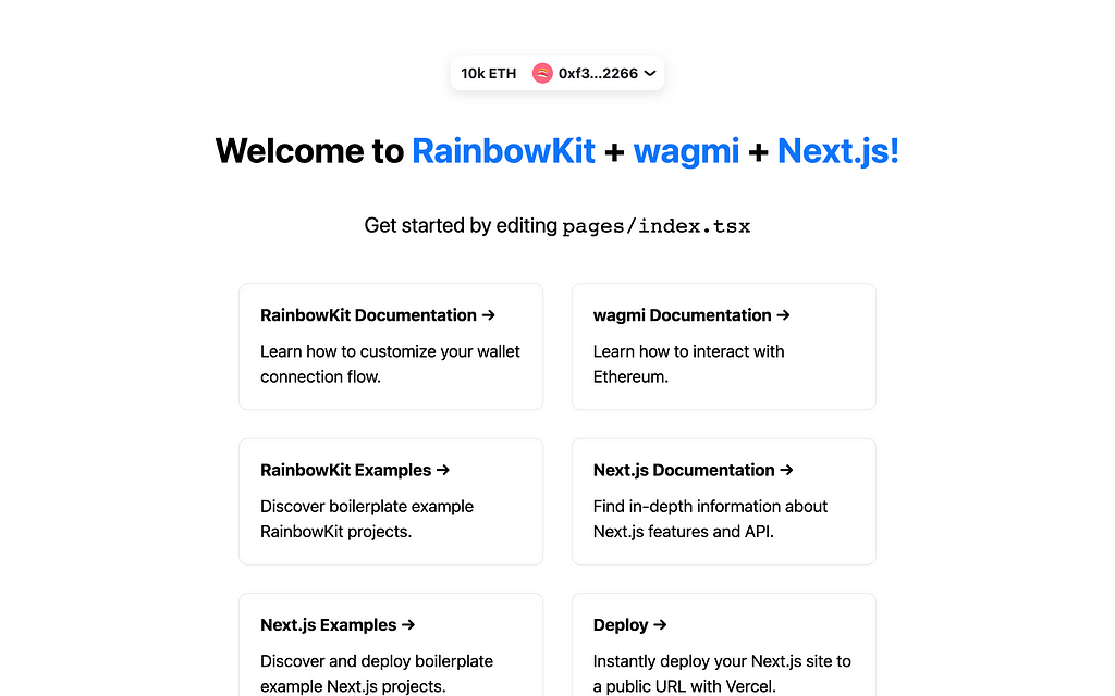 The RainbowKit 🌈 starter page with the test wallet connecting.