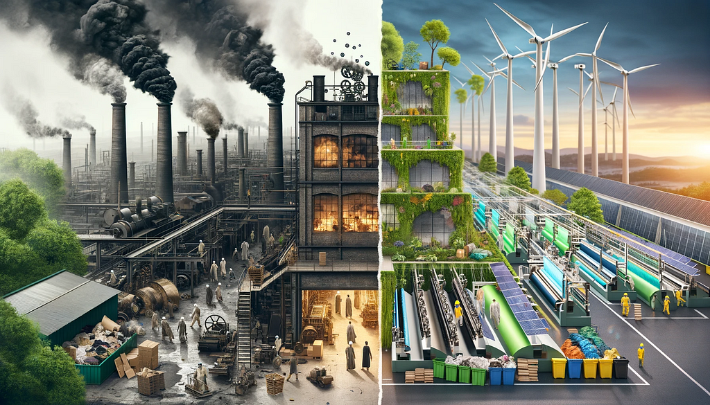 Contrasting image of a traditional, pollution-heavy textile factory and a modern, eco-friendly textile production environment.