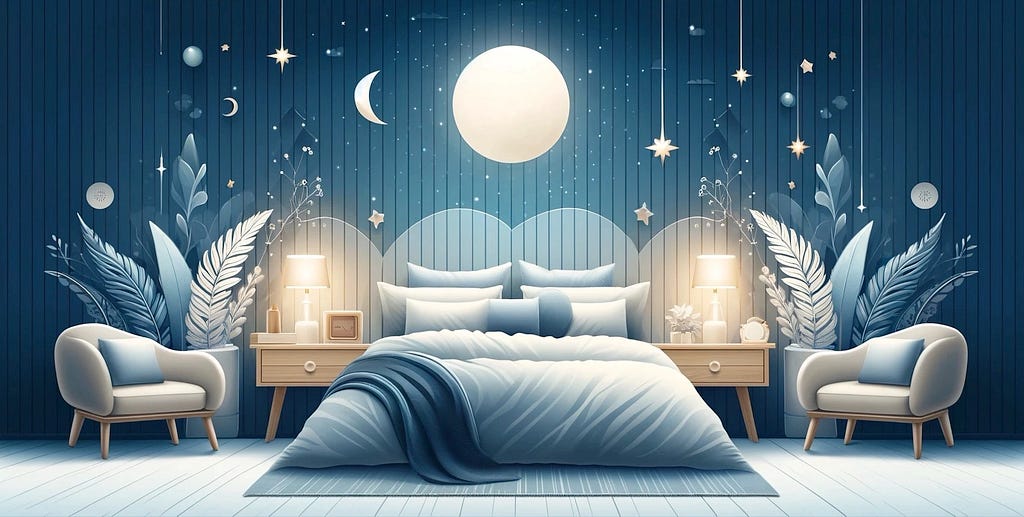 A drawing of a calming bed and moonlight scene