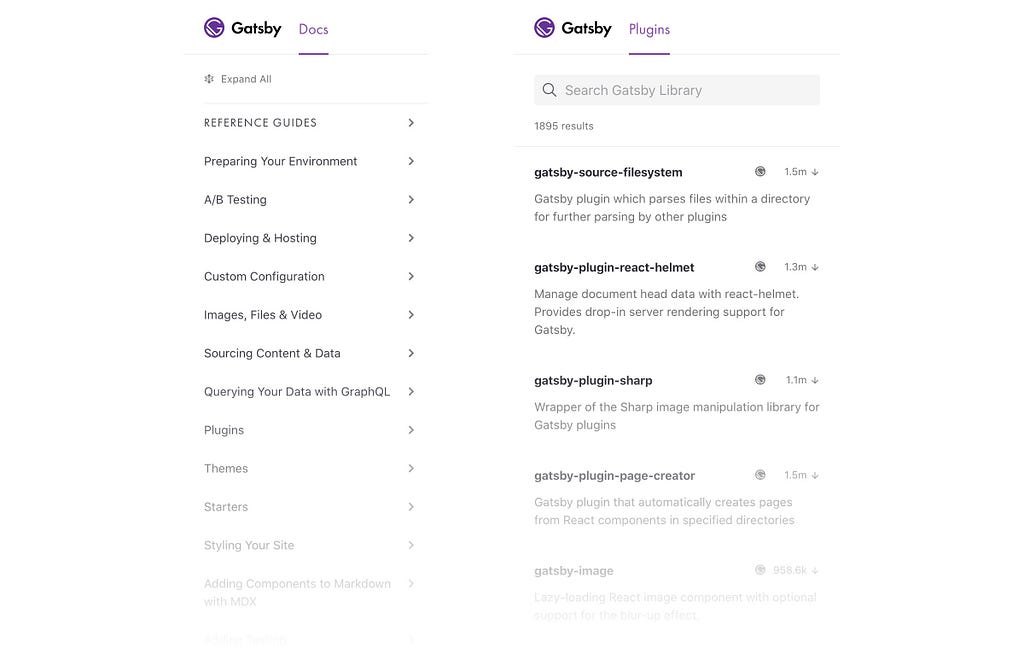 Screenshots of lists of Gatsby documentation pages and plugins