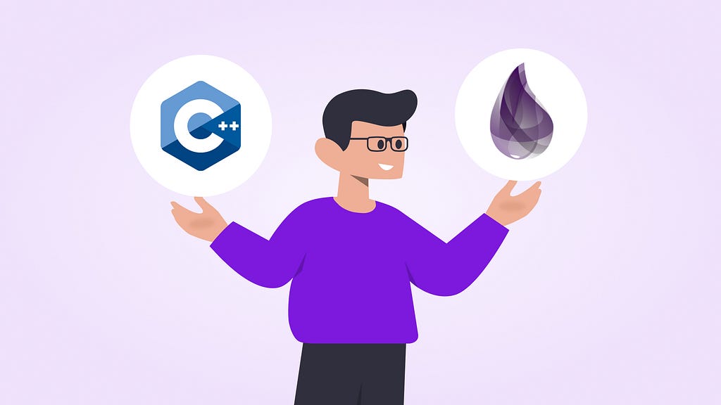 Person holding logos of C++ and Elixir