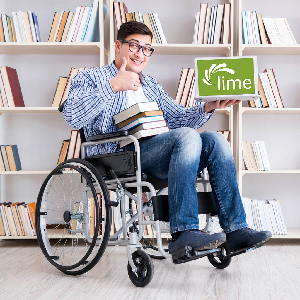 A man using a wheelchair is holding up a laptop with the Lime Connect logo displayed.