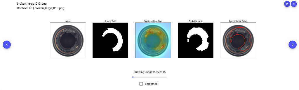 A screenshot of the experiment-level graphics of a broken bottle from the MVTec dataset in Comet, where the artificial intelligence has successfully outlined the broken region of a bottle.