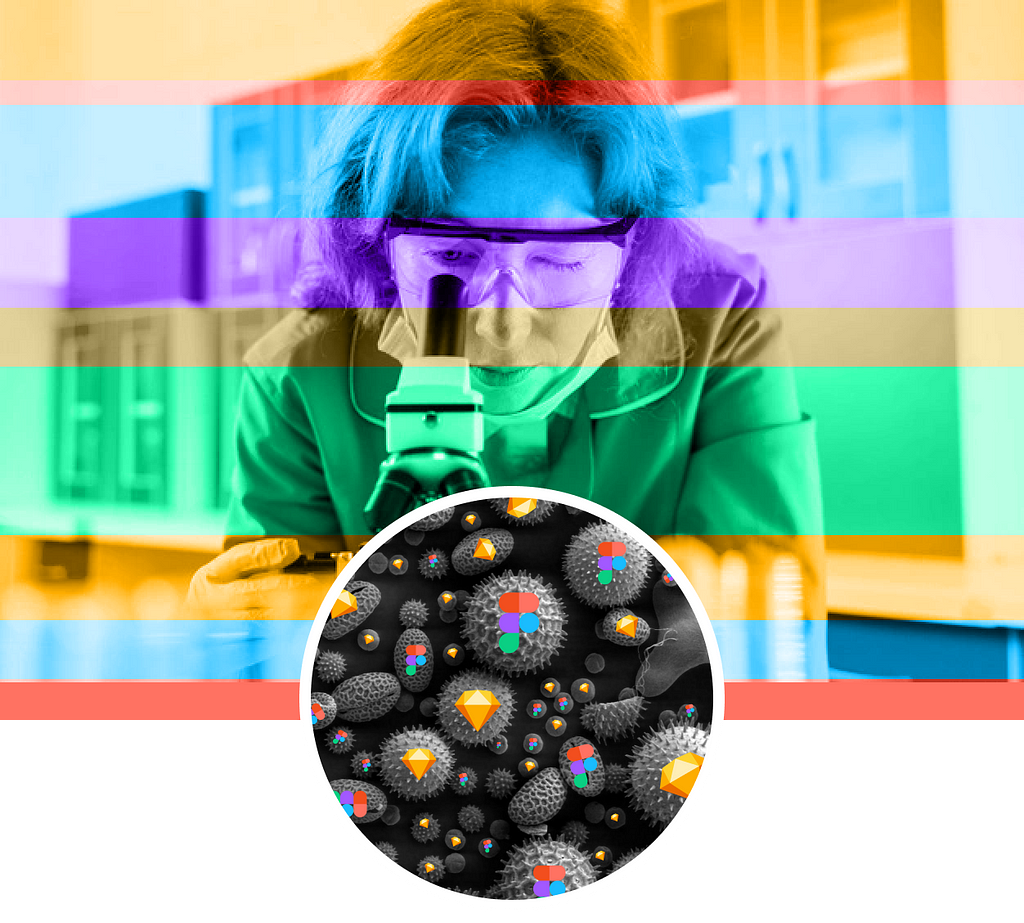 Women looking through a microscope to see tiny particles of Figma and Sketch logo’s floating around