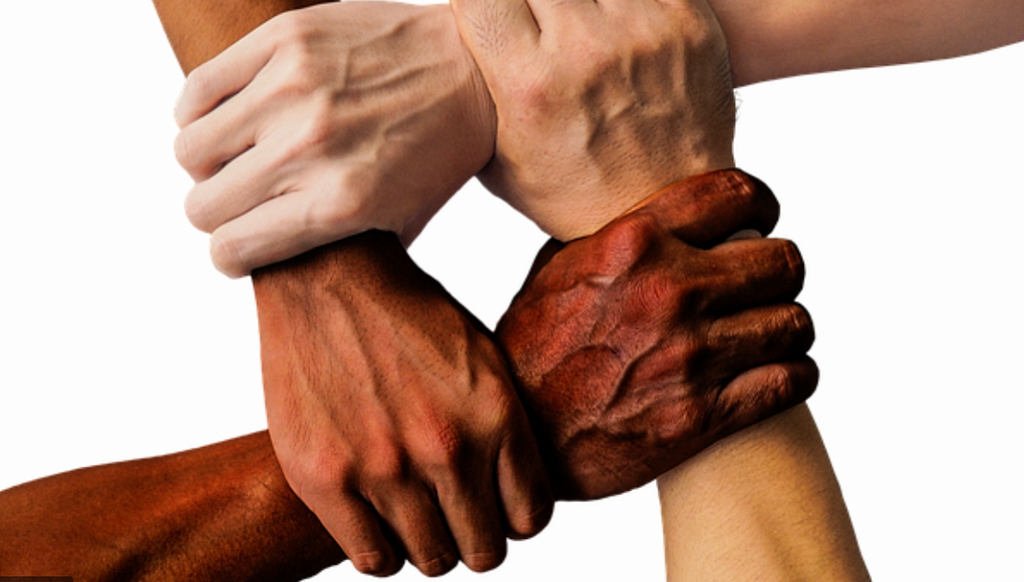 Quatro mãos, com tons de pele diferentes, segurando umas o antibraço das outras, formado um quadrado, simbolizando união.