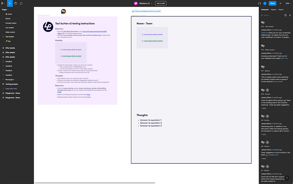 One page within the Figma playground file displaying the testing instructions on the left and testing area on the right.