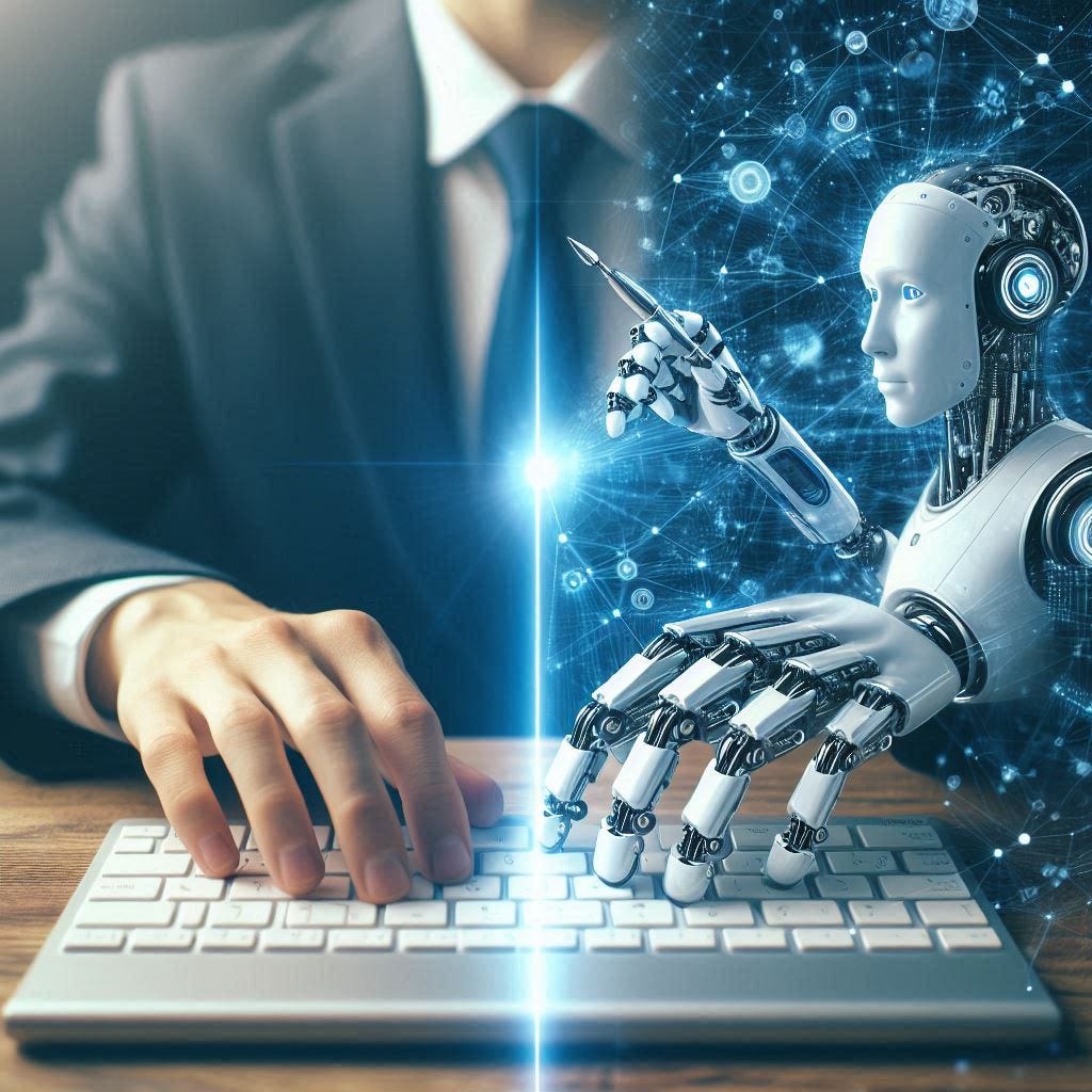 A split image showing a businessman’s hand typing on a keyboard on the left, and a robotic hand pointing at a digital network on the right. The image symbolizes the collaboration between human and artificial intelligence in a futuristic business setting.