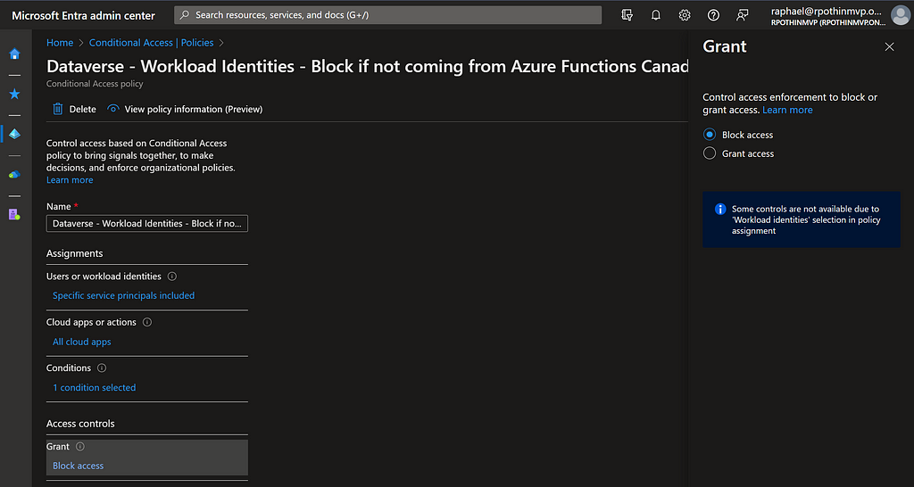 Block access to Dataverse for workload identities not coming from Azure Functions Canada East — Block access