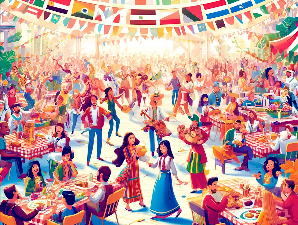 People from around the world dancing and sharing a meal. Flags from many different countries. T