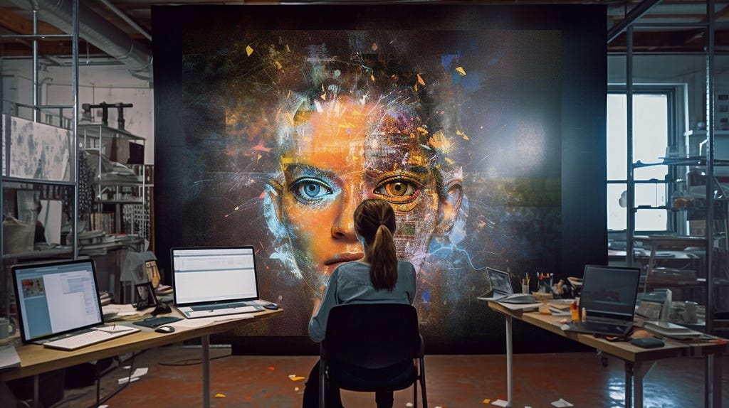 Digital artist looks at her creation on large screen
